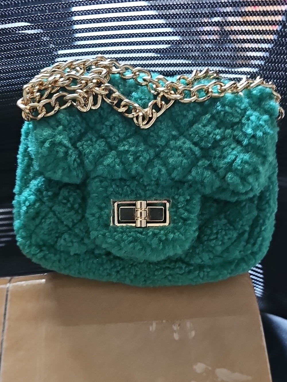Green Faux Shearling Chain Shoulder Bag